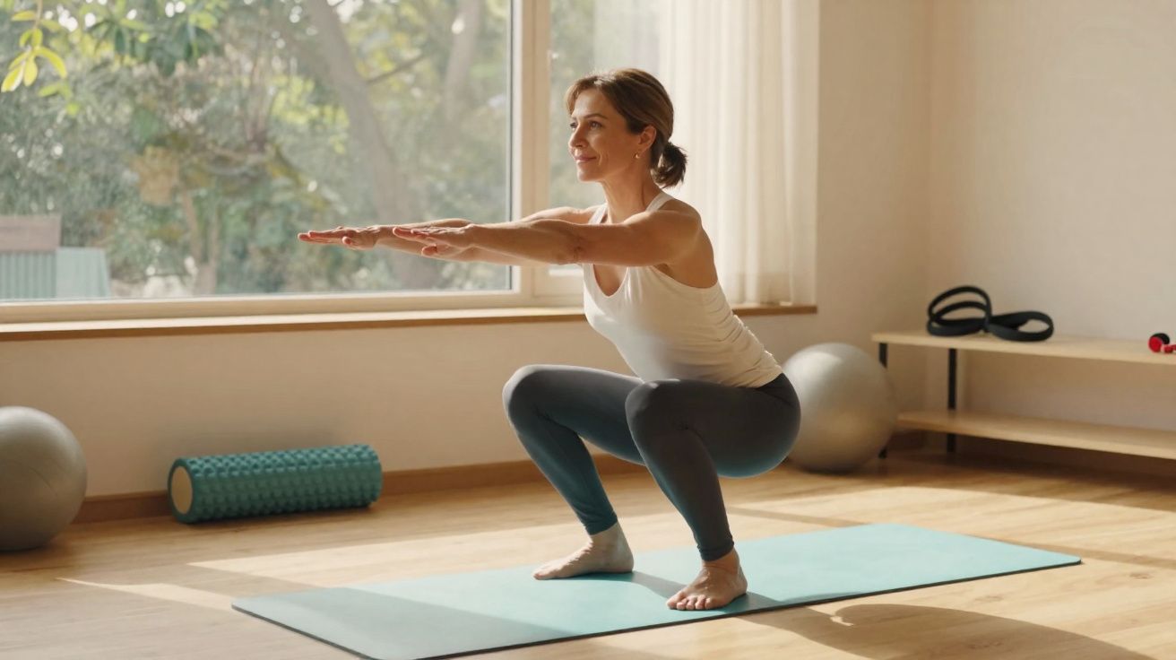 Woman in athletic wear doing a squat exercise on a yoga mat in a bright room with exercise equipment.