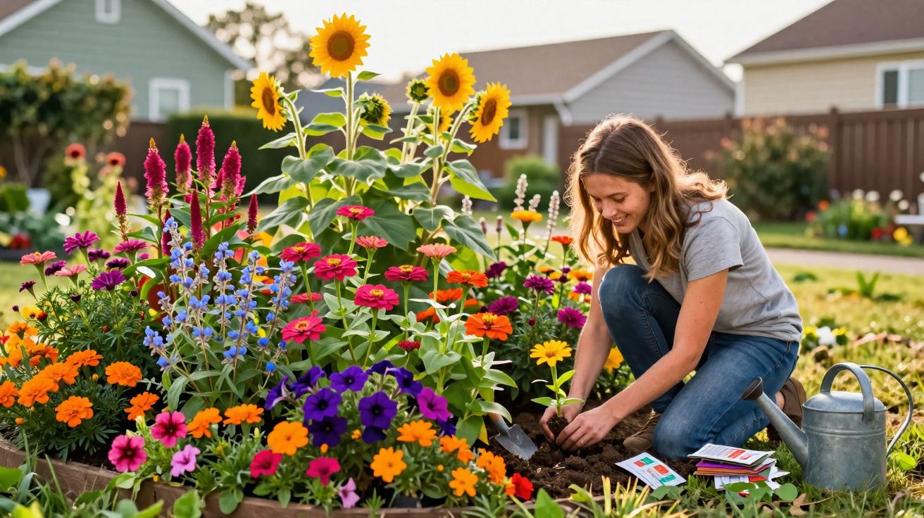 Woman planting flowers in a vibrant garden bed with sunflowers and various colourful blooms on a sunny day.