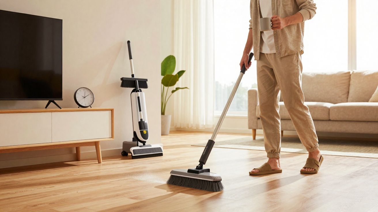 Person sweeping wooden floor in bright living room holding a mug, with vacuum and TV in background.