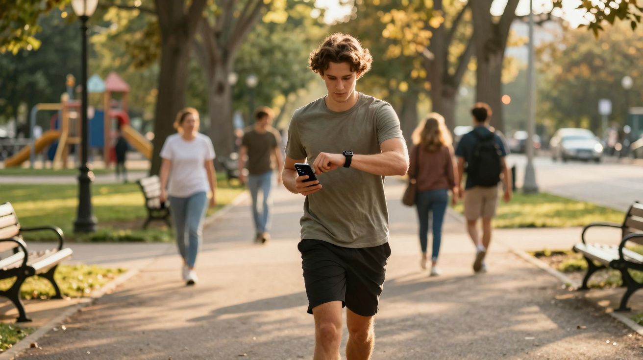 Young man jogging in park checking smartwatch while holding phone, with people walking in background.