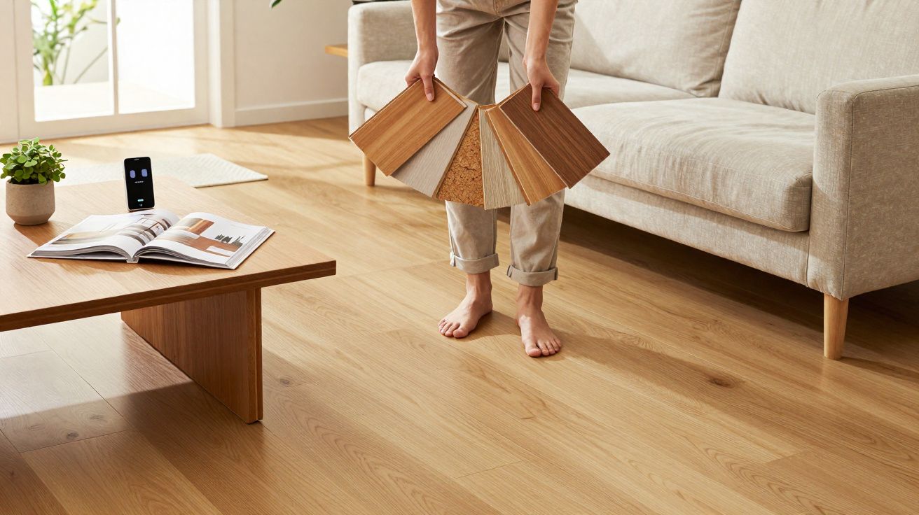 Person holding wooden flooring samples in a bright living room with beige sofa and wooden coffee table.