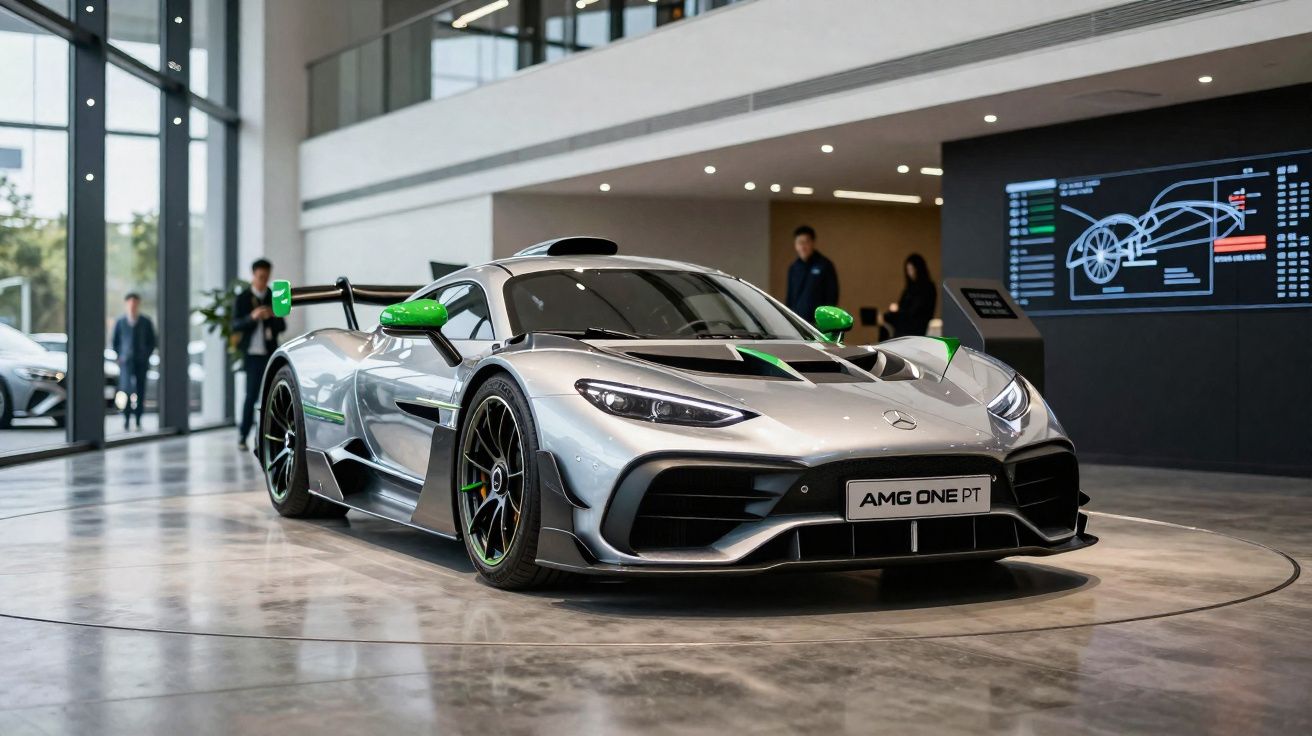 Silver Mercedes-AMG One hypercar with green accents on display in a modern showroom.