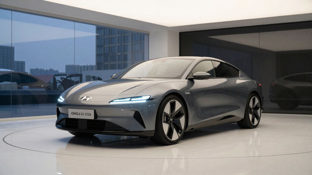 Sleek grey Hyundai Ioniq 6 electric car displayed indoors with modern architectural reflections in the background.