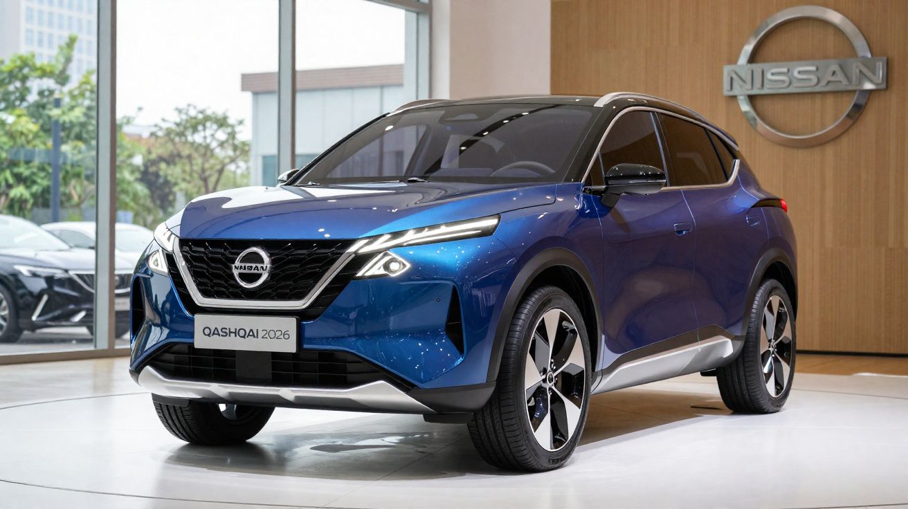 Blue 2026 Nissan Qashqai SUV displayed in showroom with large windows and wooden wall background.