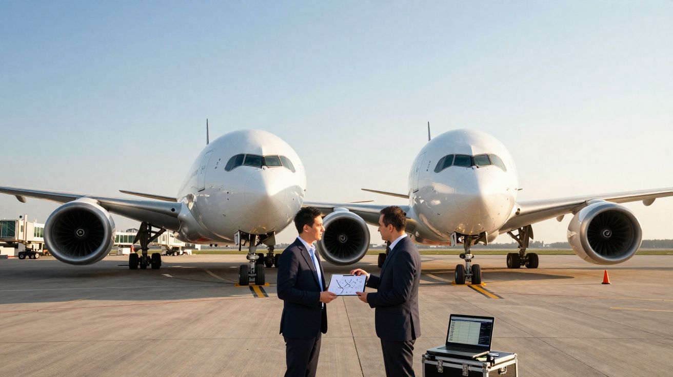 Two men in suits discussing documents on an airport tarmac with two large white airplanes in the background.