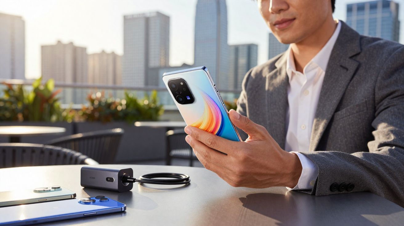 Man in suit holding smartphone with city skyline in the background and devices on a table outdoors.