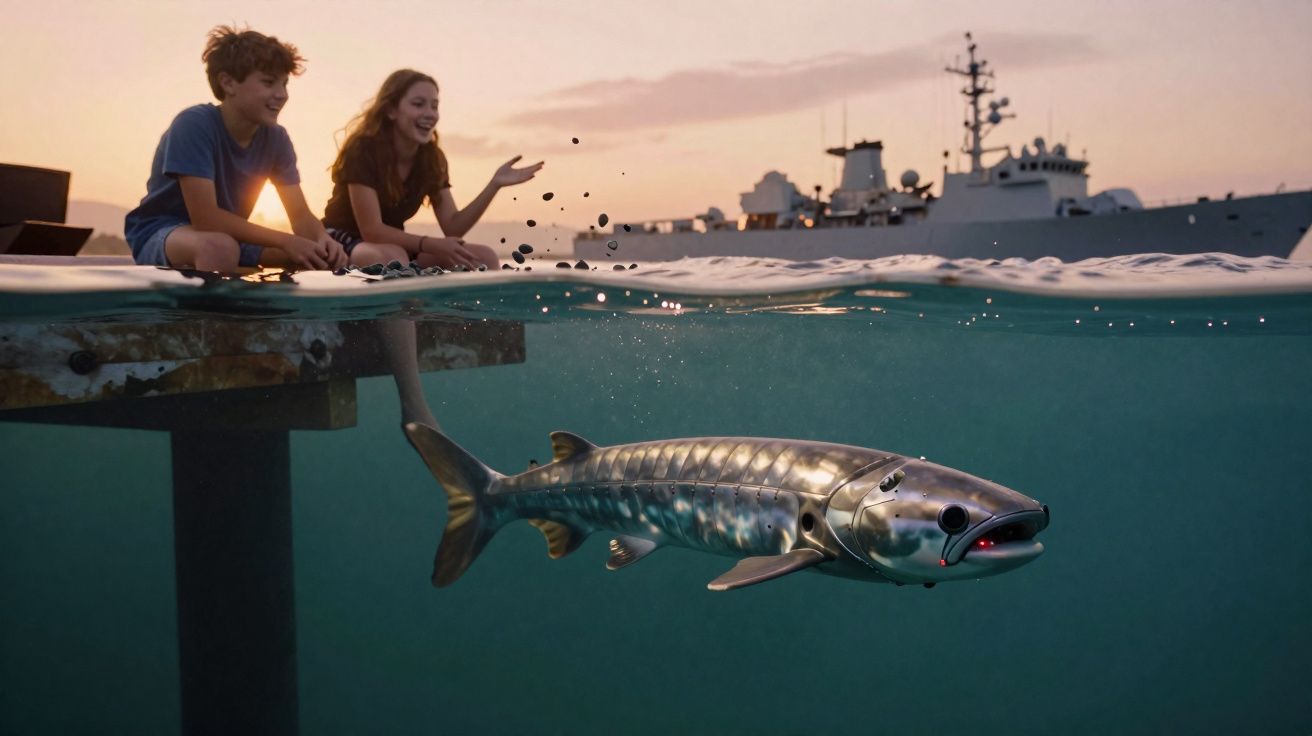 Two children sitting on a dock at sunset watching a metallic robotic fish swim underwater near a large ship.