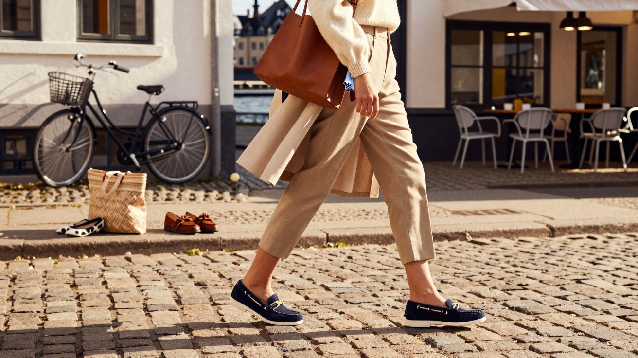 Person walking on cobblestone street wearing beige trousers, navy loafers and carrying a brown leather handbag.