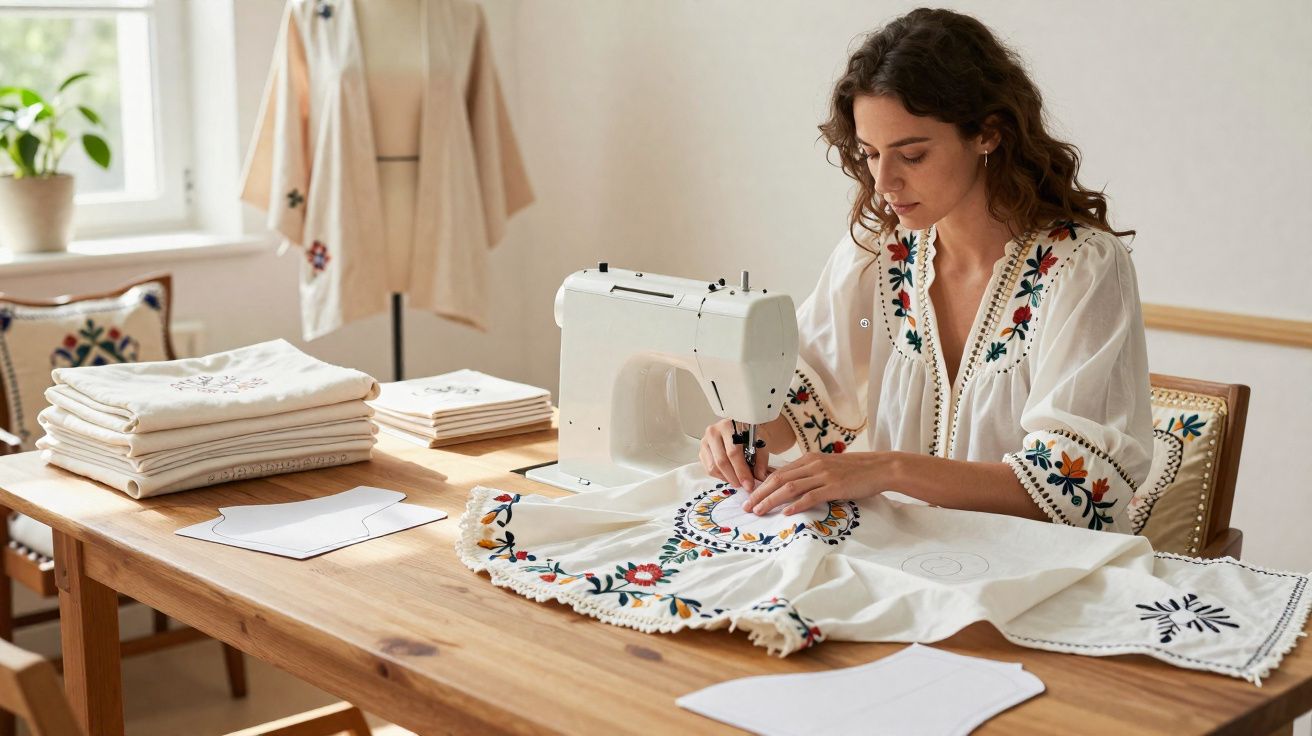 Woman using a sewing machine to stitch colourful floral embroidery on white fabric in a bright room.