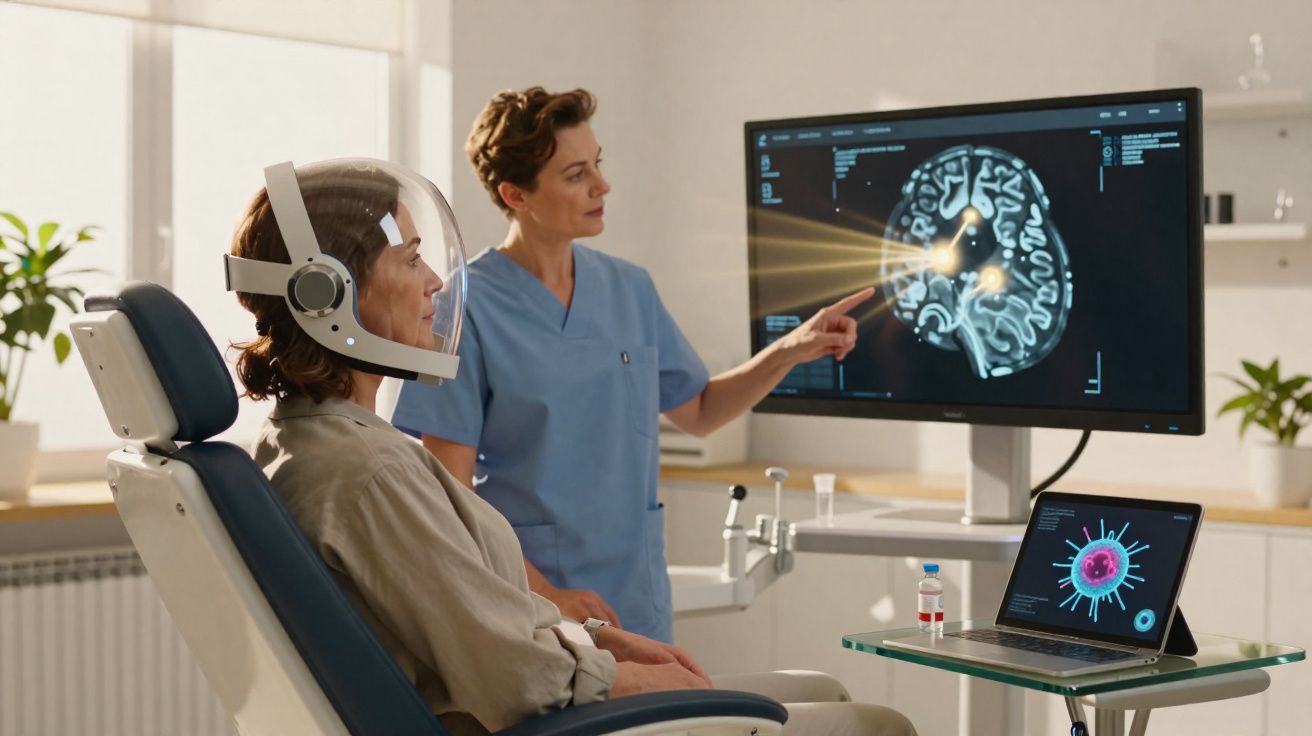 Medical professional pointing at brain scan on screen while patient wears neurofeedback helmet in clinic.