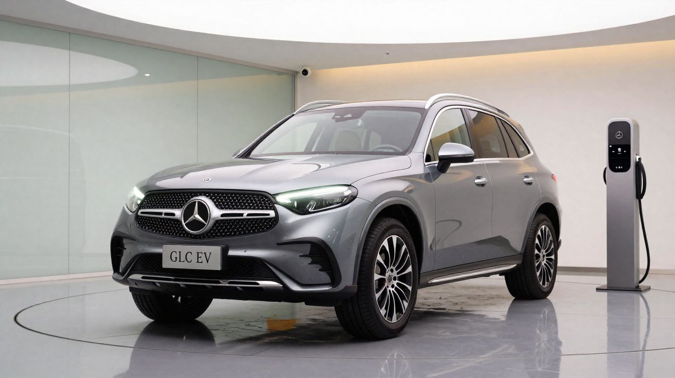 Silver Mercedes-Benz GLC EV electric SUV parked indoors next to a charging station on a polished floor