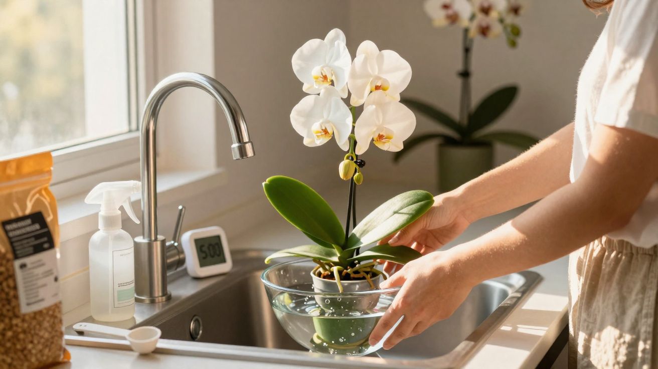 Person soaking a white orchid plant in a glass bowl filled with water at a kitchen sink.