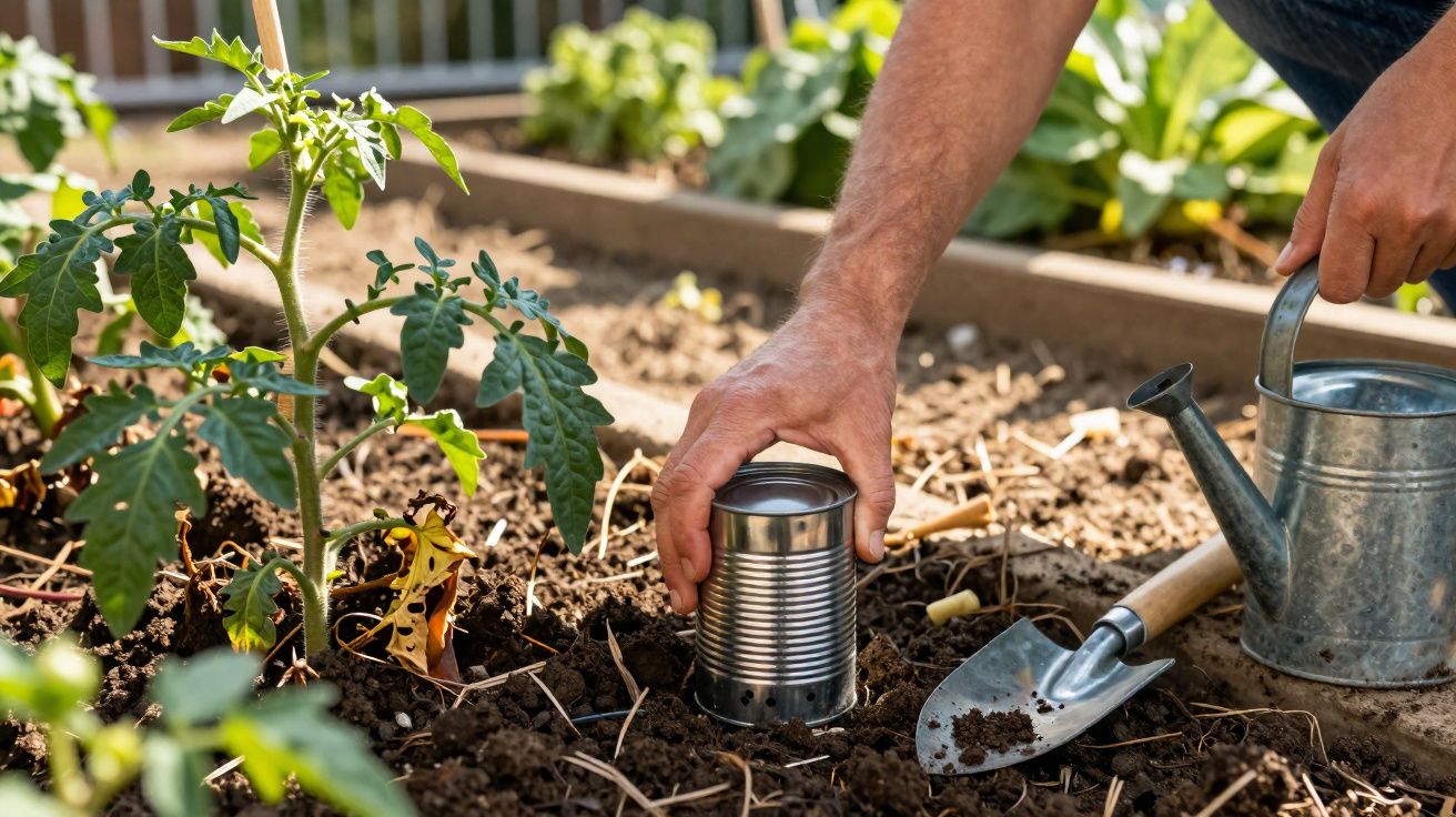 Person planting a metal can in soil beside a tomato plant with gardening tools and a watering can nearby.