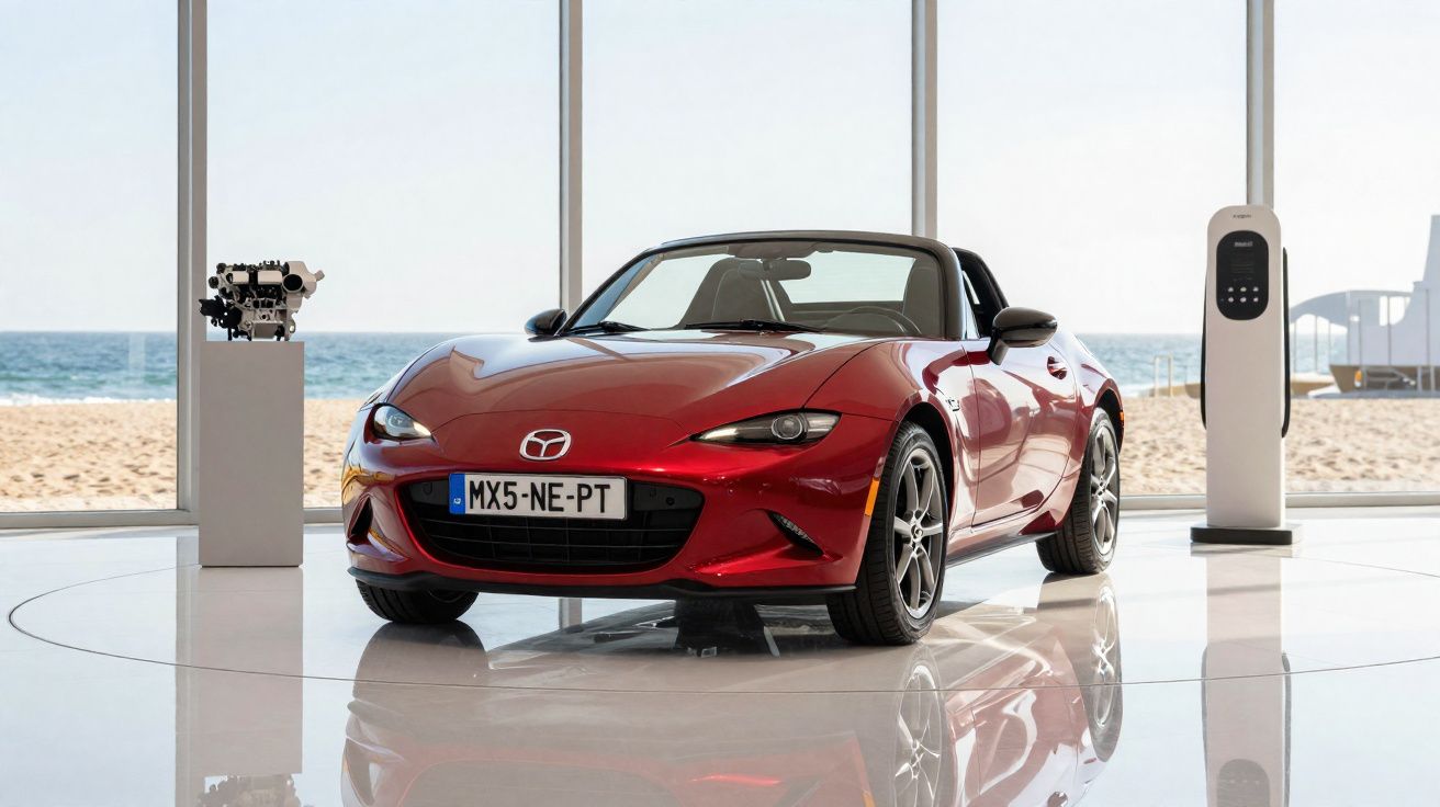 Red Mazda MX-5 convertible displayed indoors with beach and ocean visible through large windows.