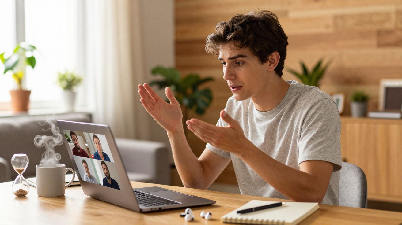 Young man in grey t-shirt participating in a video call on a laptop at a wooden table indoors.