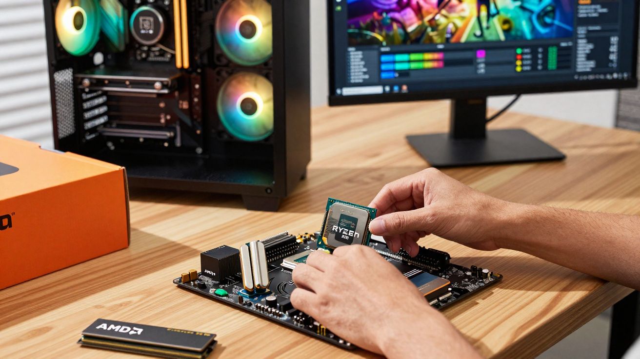 Person installing an AMD Ryzen processor onto a motherboard on a desk with a PC and monitor in the background.