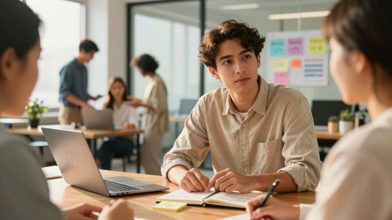 Young man attentively listening during a team meeting in a modern office with laptops and notes.