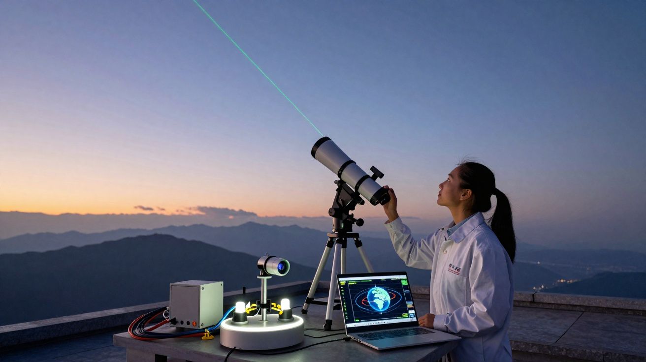 Scientist using telescope and laptop outdoors at dusk with mountains in the background and green laser beam in the sky.
