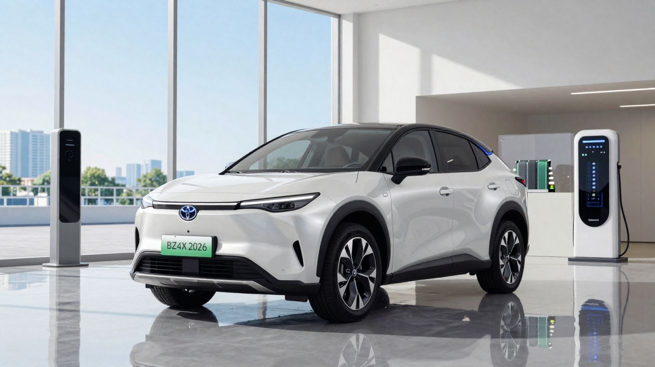 White Toyota bZ4X electric SUV parked indoors near charging stations with city skyline visible through windows.
