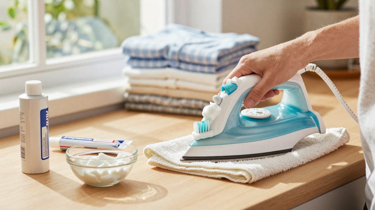 Hand applying toothpaste from toothbrush onto a steam iron resting on a folded white towel.