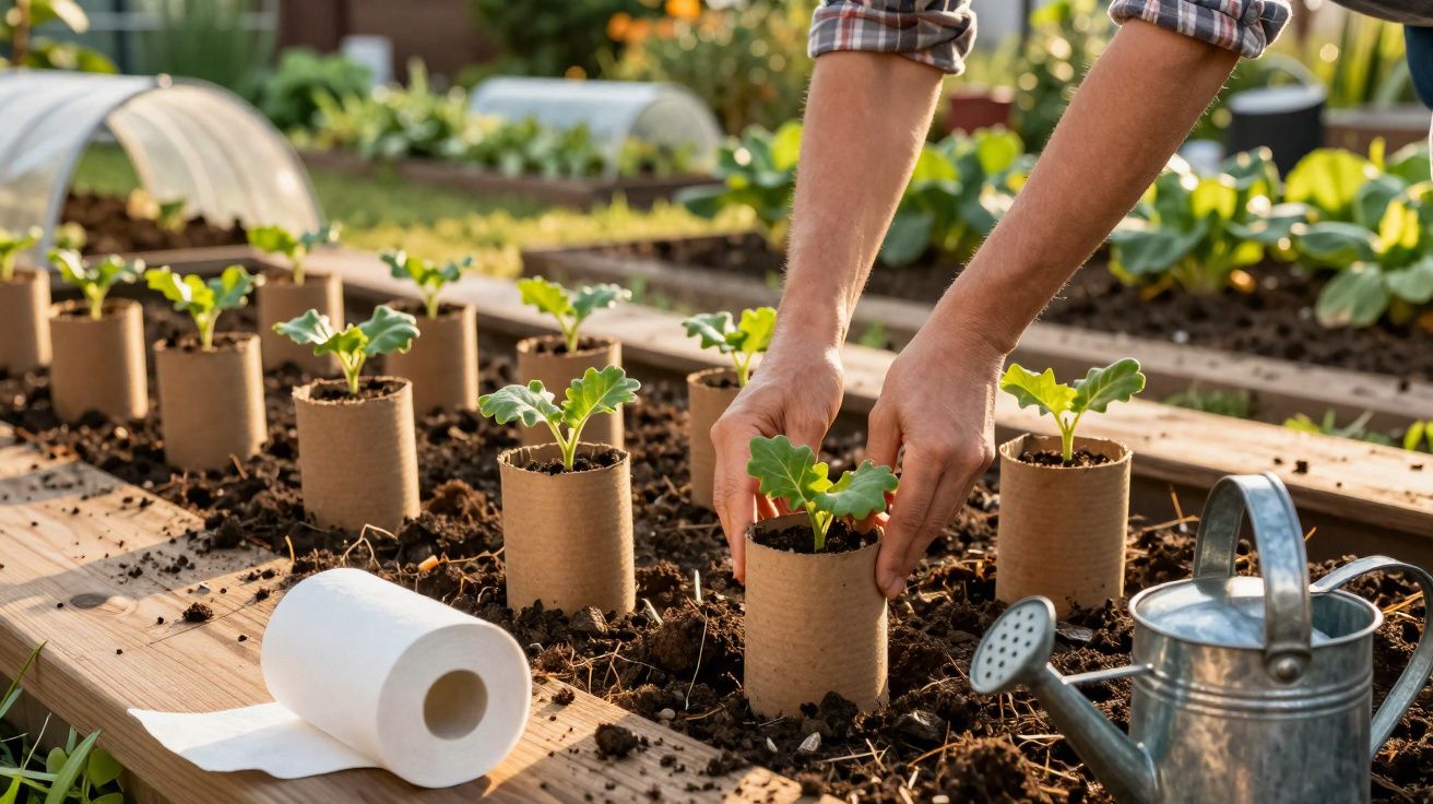 Hands planting seedlings in biodegradable pots on a raised garden bed with a watering can nearby.