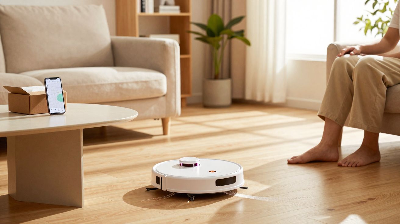 Robot vacuum cleaner operating on wooden floor in a sunlit living room with person sitting on a sofa.