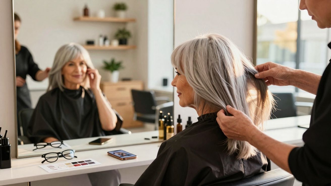 Older woman with grey hair having her hair styled at a salon, looking at her reflection in the mirror.