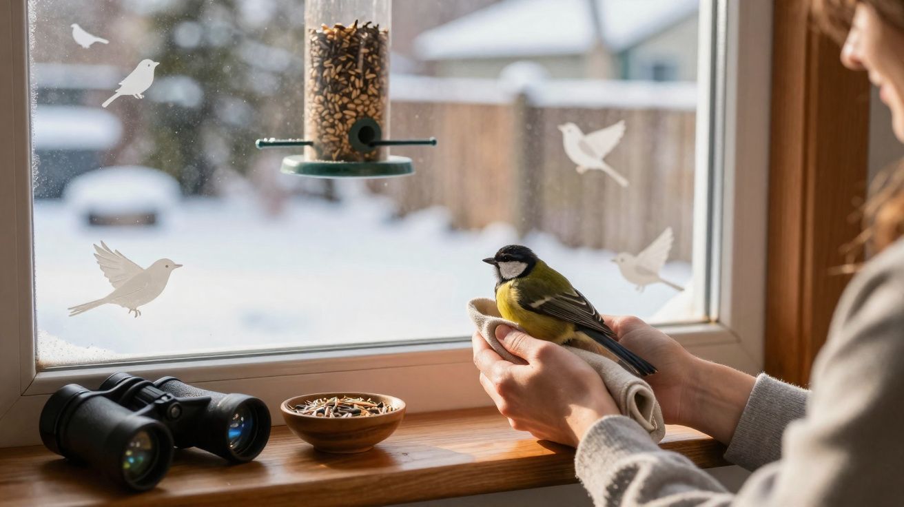 Person holding a small bird near a window with bird feeder, binoculars, and birdseed bowl on the sill in winter.