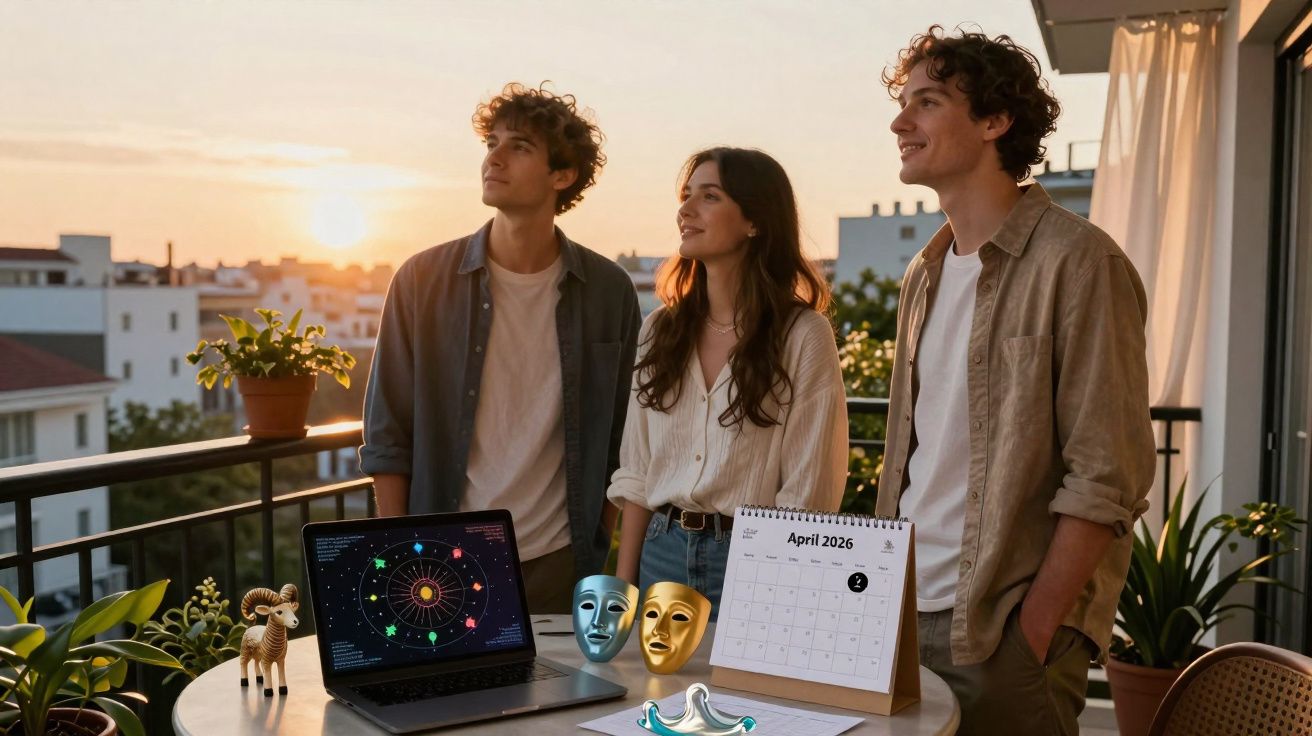 Three young people on a balcony at sunset with a laptop, astrology chart, calendar, and drama masks on a table.