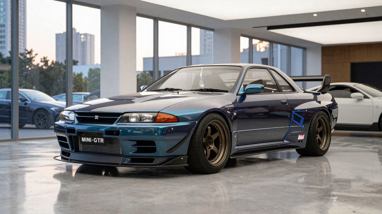 Dark blue Nissan Skyline GTR with wide body kit and large rear wing parked indoors by windows.