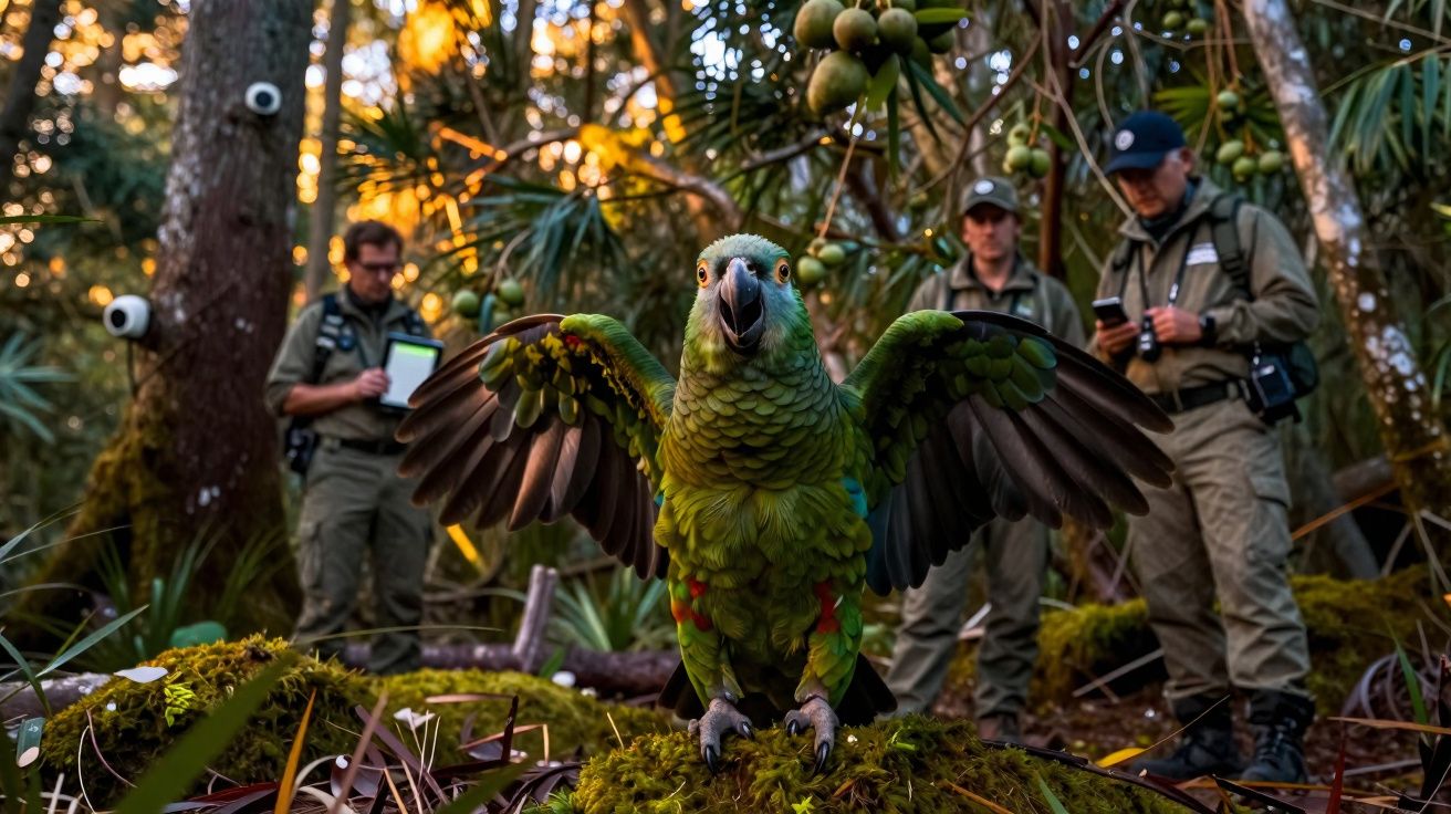Green parrot with wings spread on mossy log in forest, three researchers observing in background.