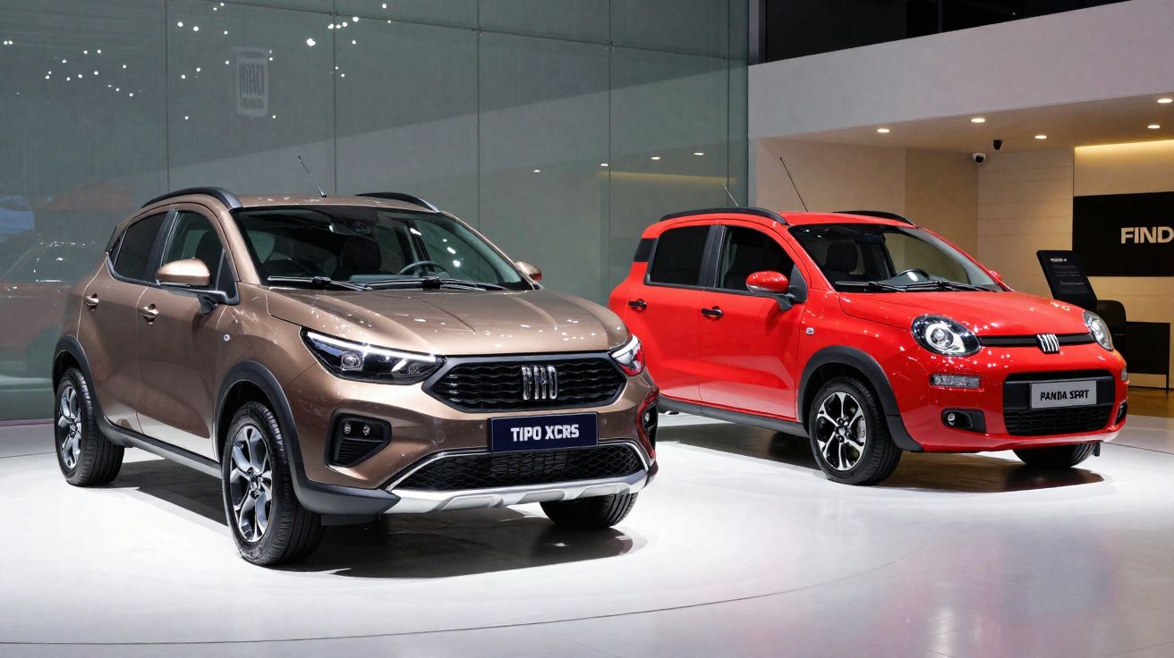 Two Fiat cars, a bronze Tipo XCRS and a red Panda Sport, displayed in a showroom with glass walls.