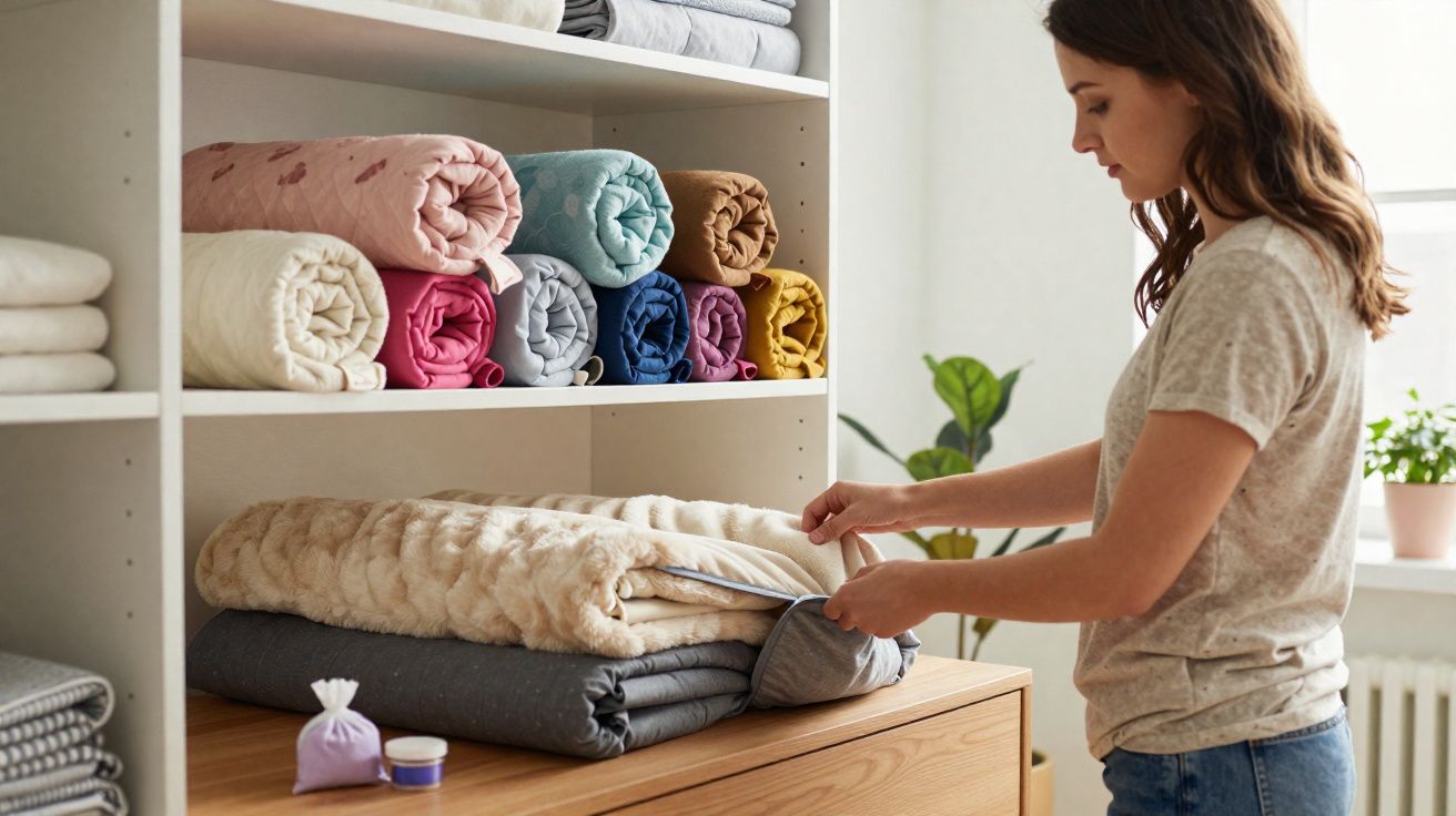 Woman folding a soft, textured blanket next to shelves stacked with neatly rolled colourful blankets.