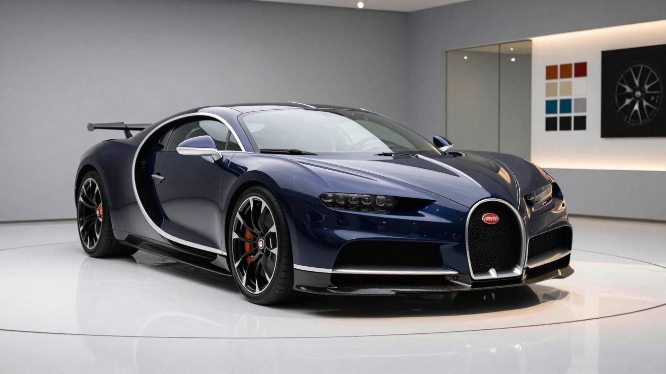 Dark blue Bugatti Chiron sports car displayed in a modern showroom with glossy floor and art on walls.