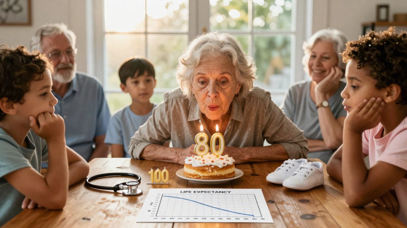 Elderly woman blowing out candles on an 80th birthday cake surrounded by family at a table with life expectancy chart.