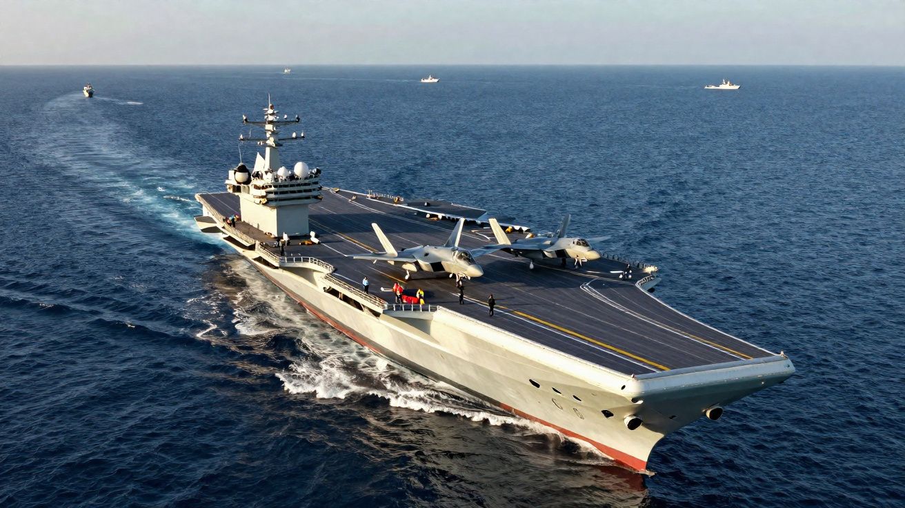 Aircraft carrier sailing on calm sea with two fighter jets on its deck and smaller vessels in the distance.