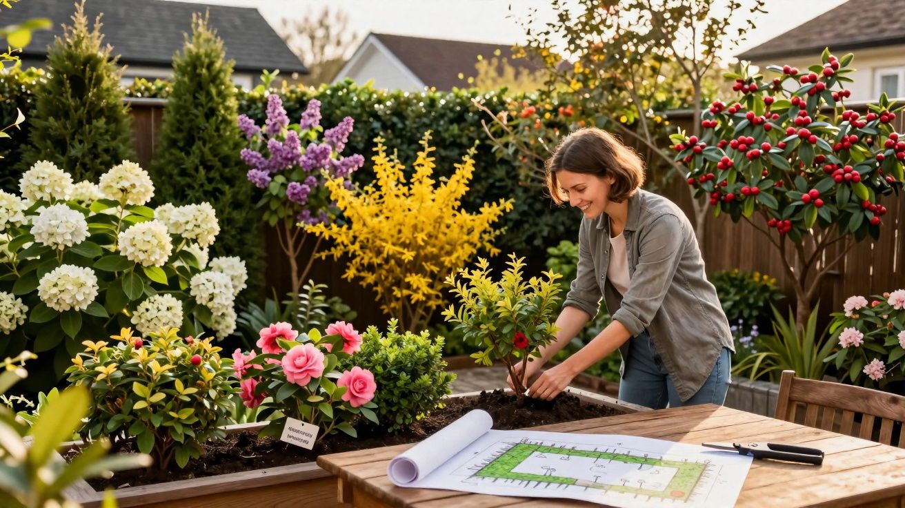Woman planting a small tree in a vibrant garden surrounded by flowering plants and gardening plans on a table.