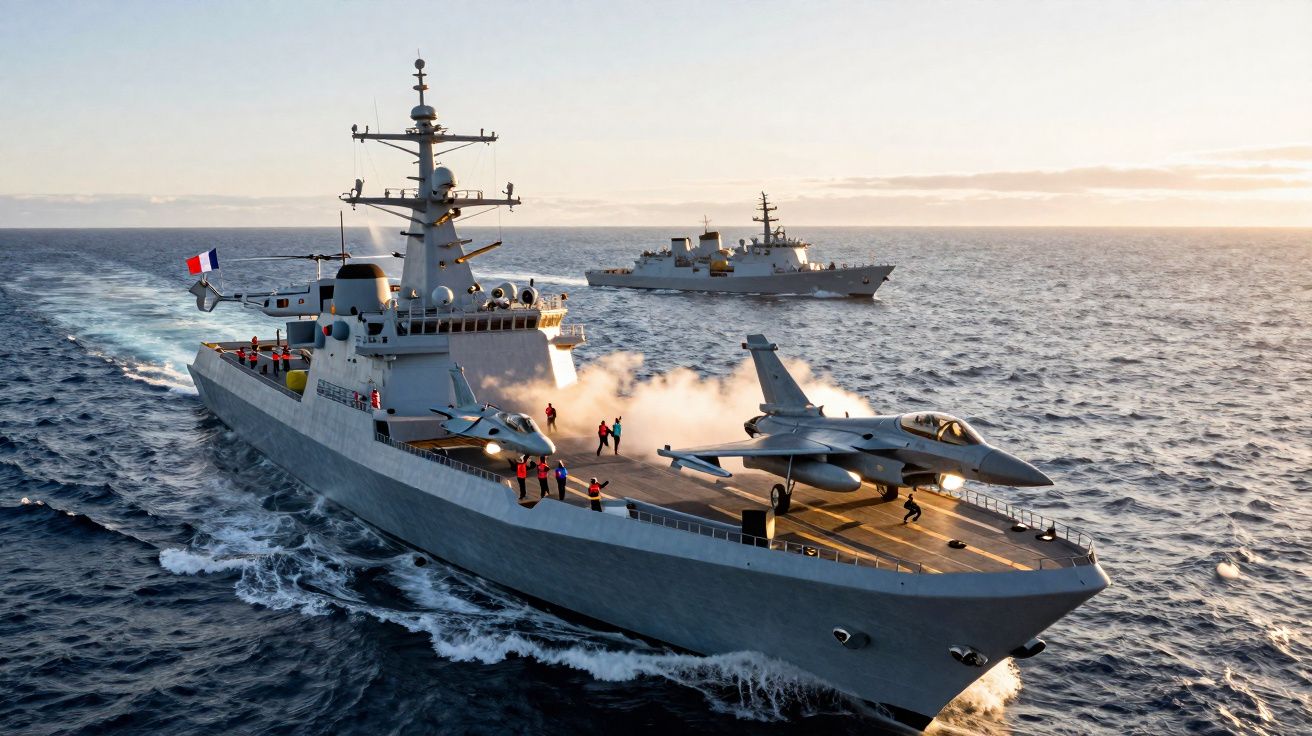 French navy warship with fighter jets preparing for takeoff on open sea at sunset.