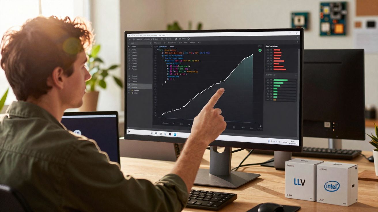 Person pointing at upward trending graph on computer screen with code and data visualisation charts nearby