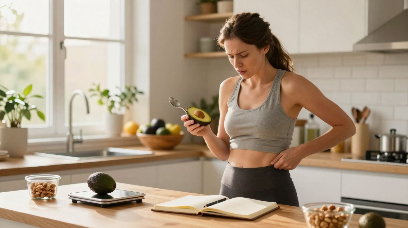 Woman in workout clothes holding avocado and looking concerned at her waist in a bright kitchen with an open notebook.