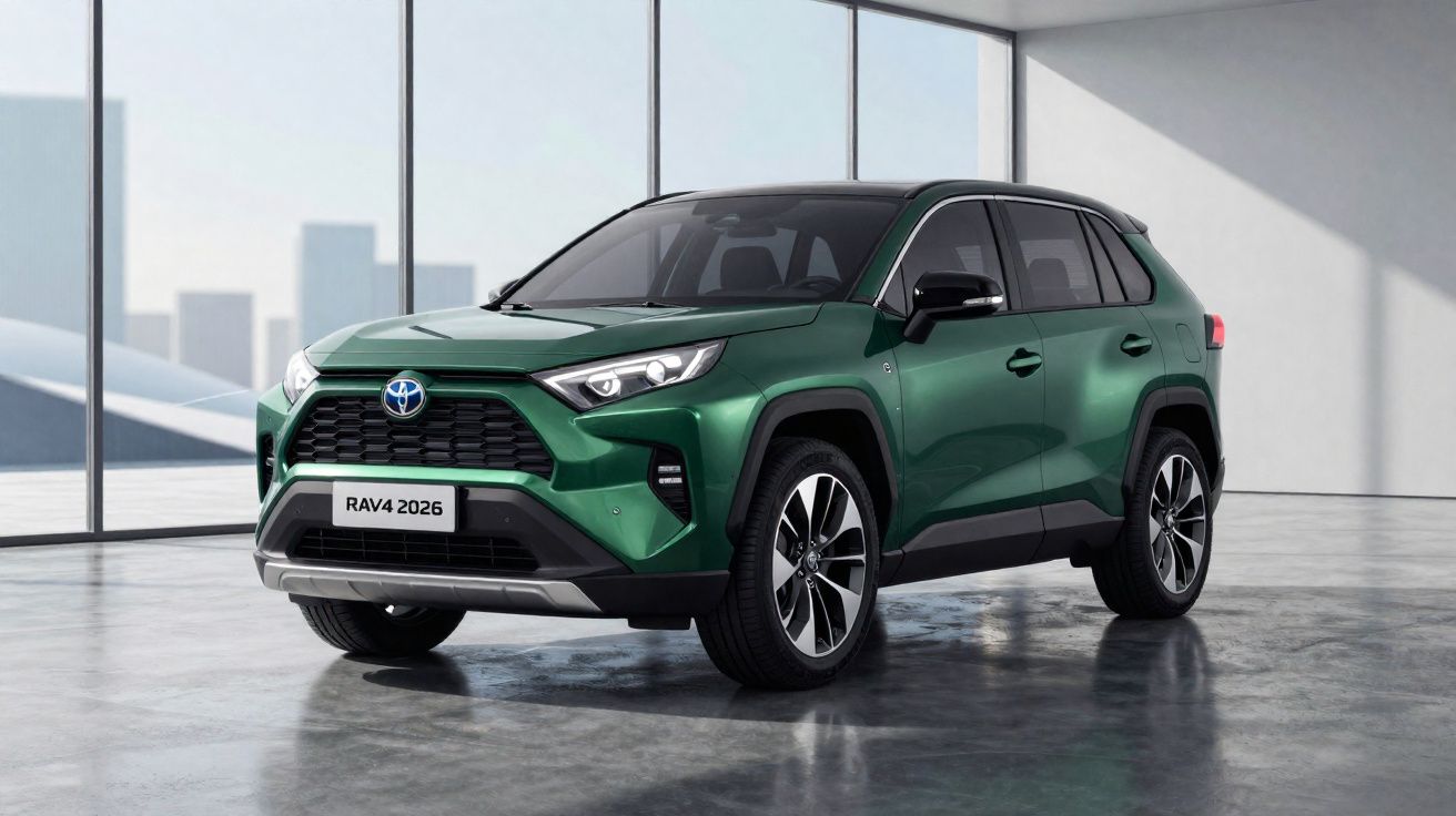 Green 2026 Toyota RAV4 SUV parked inside a modern showroom with large floor-to-ceiling windows.