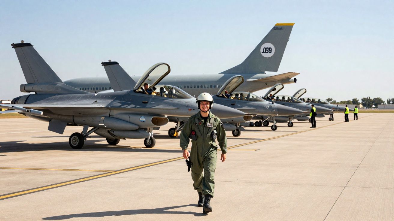 Military pilot walking on tarmac with lined-up fighter jets and a large aircraft under clear sky.