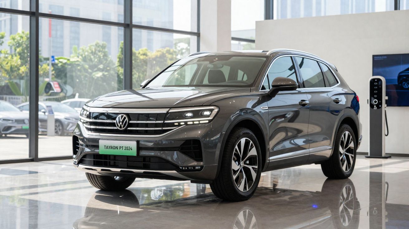 Grey Volkswagen Tayron PT 2024 SUV displayed in a showroom with large glass windows and polished floor.