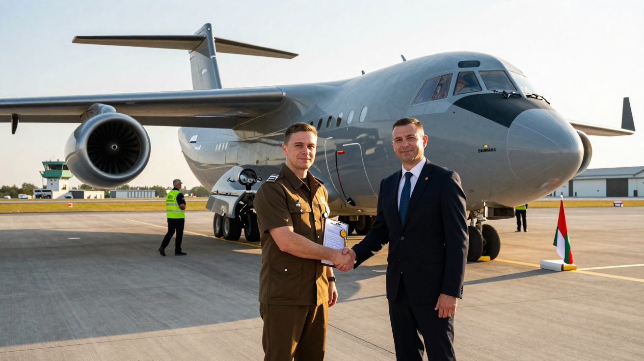 Two men shaking hands in front of a military transport aircraft on an airport runway.