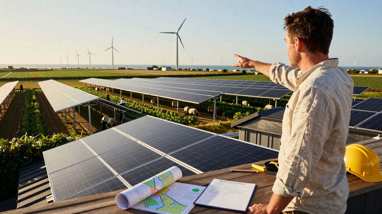 Man pointing towards wind turbines in a field with solar panels and agricultural crops under sunset light.