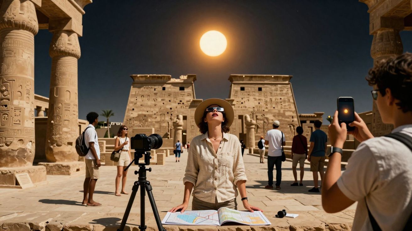Tourists exploring and photographing an ancient Egyptian temple under a bright full moon at night.