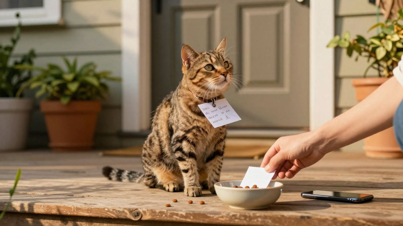 Tabby cat with a note on its collar sits on a porch near a bowl of food and a person’s hand.
