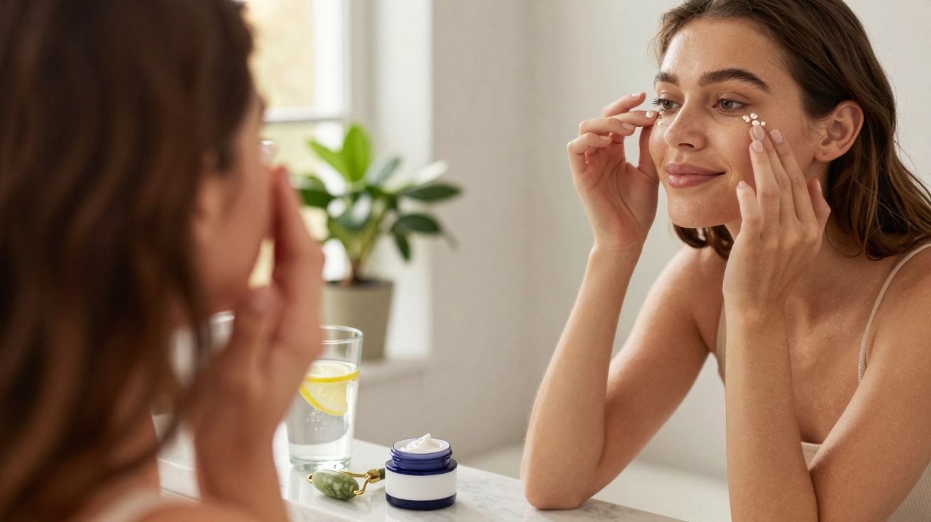 Woman applying eye cream with a smile in front of a mirror in a bright bathroom.
