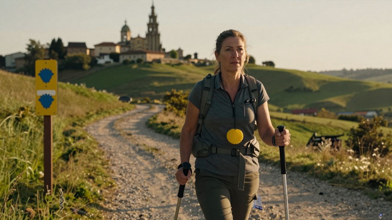 Woman hiking on a gravel path with trekking poles, wearing a backpack and yellow shell medallion in rural countryside.