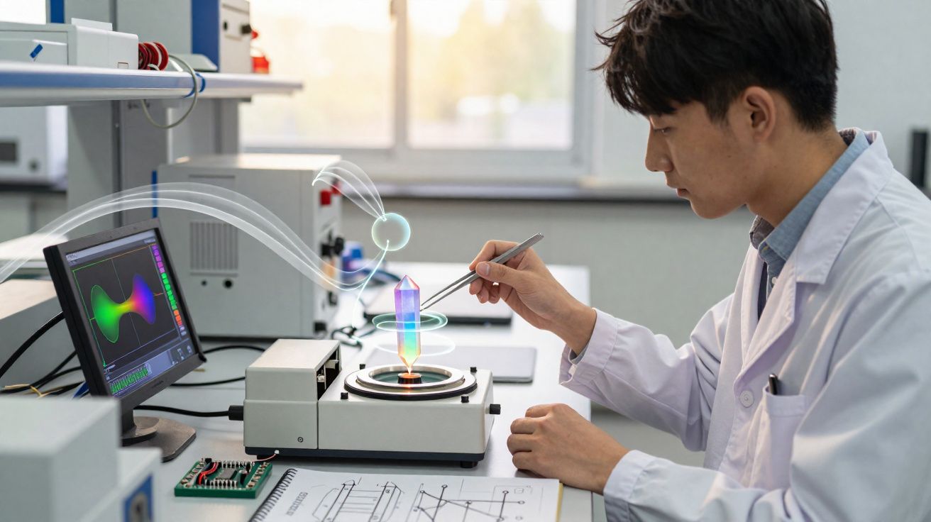 Scientist in lab coat using tweezers to examine glowing crystal on device with computer displaying data.